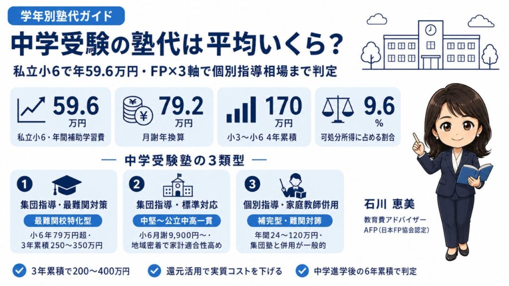 中学受験の塾代を石川メソッド3軸で解説するインフォグラフィック｜小4〜小6の費用構造と個別指導相場を教育費アドバイザーの石川 恵美が解説