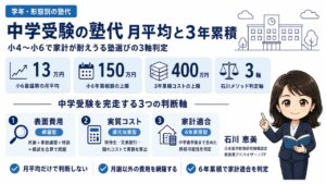 中学受験の塾代の月平均と3年累積コストを解説するインフォグラフィック｜表面費用×実質コスト×家計適合の3軸を教育費FP・石川 恵美が解説