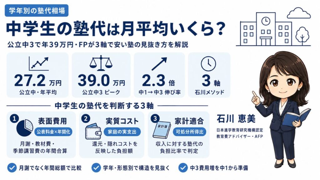 中学生の塾代月平均（公立中3年39万円）を石川メソッド3軸で判定する解説のインフォグラフィック｜教育費アドバイザーの石川 恵美が解説