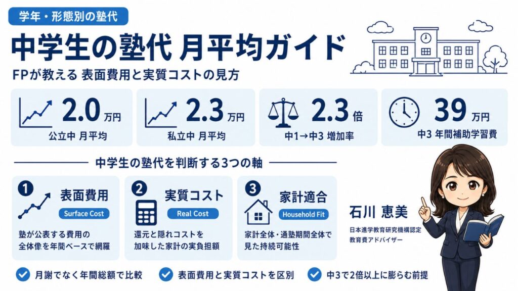 中学生の塾代月平均と内訳の比較インフォグラフィック｜公立私立・学年別の塾代と表面費用×実質コスト×家計適合の3軸を認定 教育費アドバイザー 石川 恵美が解説