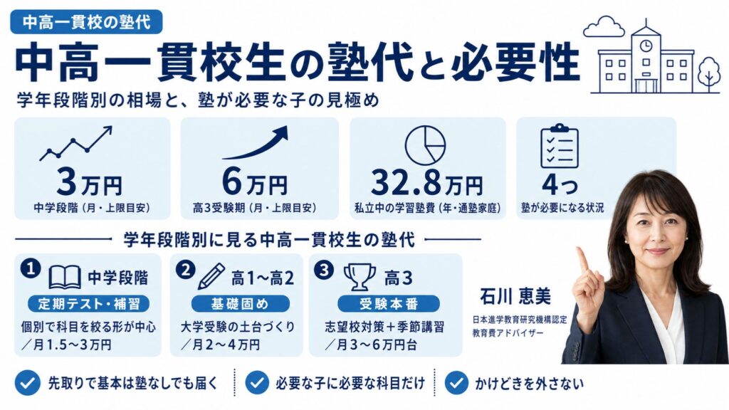 中高一貫校生の塾代を学年段階別（月1.5万〜6万円台）に整理した費用インフォグラフィック｜相場と塾が必要な子の見極めを教育費アドバイザー・石川 恵美が解説