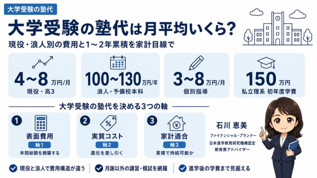 大学受験の塾代を現役・浪人別にまとめた比較インフォグラフィック｜予備校と個別指導の費用相場と3軸の判断軸を教育費アドバイザー 石川 恵美が解説