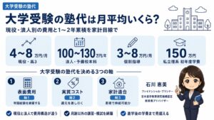 大学受験の塾代を現役・浪人別にまとめた比較インフォグラフィック｜予備校と個別指導の費用相場と3軸の判断軸を教育費アドバイザー 石川 恵美が解説