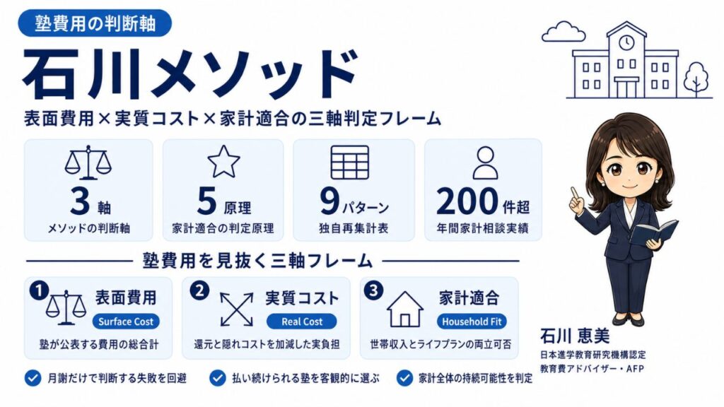 石川メソッド完全解説のインフォグラフィック｜塾費用を三軸（表面費用・実質コスト・家計適合）で判定する手法を教育費アドバイザーの石川 恵美が解説