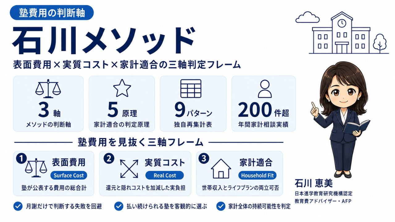石川メソッド完全解説のインフォグラフィック｜塾費用を三軸（表面費用・実質コスト・家計適合）で判定する手法を教育費アドバイザーの石川 恵美が解説