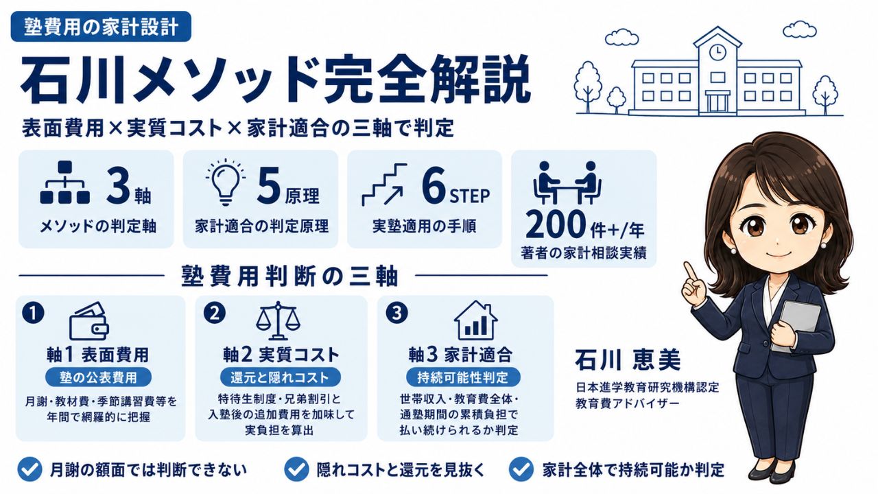 石川メソッド完全解説のインフォグラフィック｜表面費用×実質コスト×家計適合の三軸で判定する塾費用判断を教育費アドバイザー・石川 恵美が解説