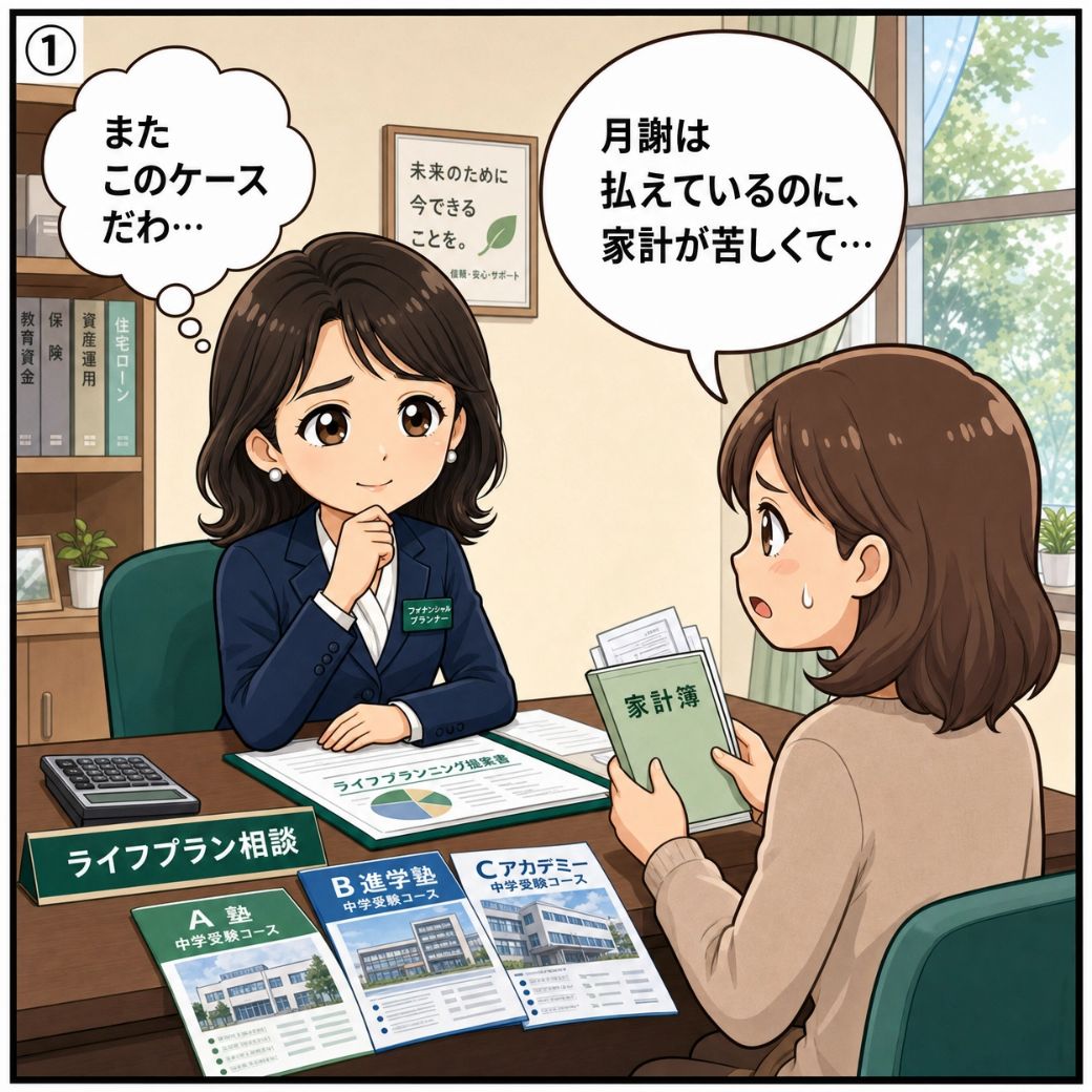 ファイナンシャル・プランナーの石川 恵美が家計相談で保護者から塾費用の悩みを聞き、教育費の問題に気づく漫画イラスト