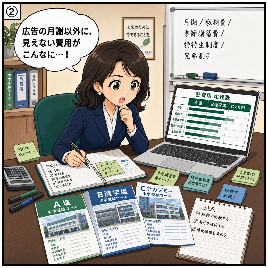 石川 恵美FPが首都圏の塾パンフレットを並べ、月謝・教材費・季節講習費など見えない費用を徹底分析する漫画イラスト