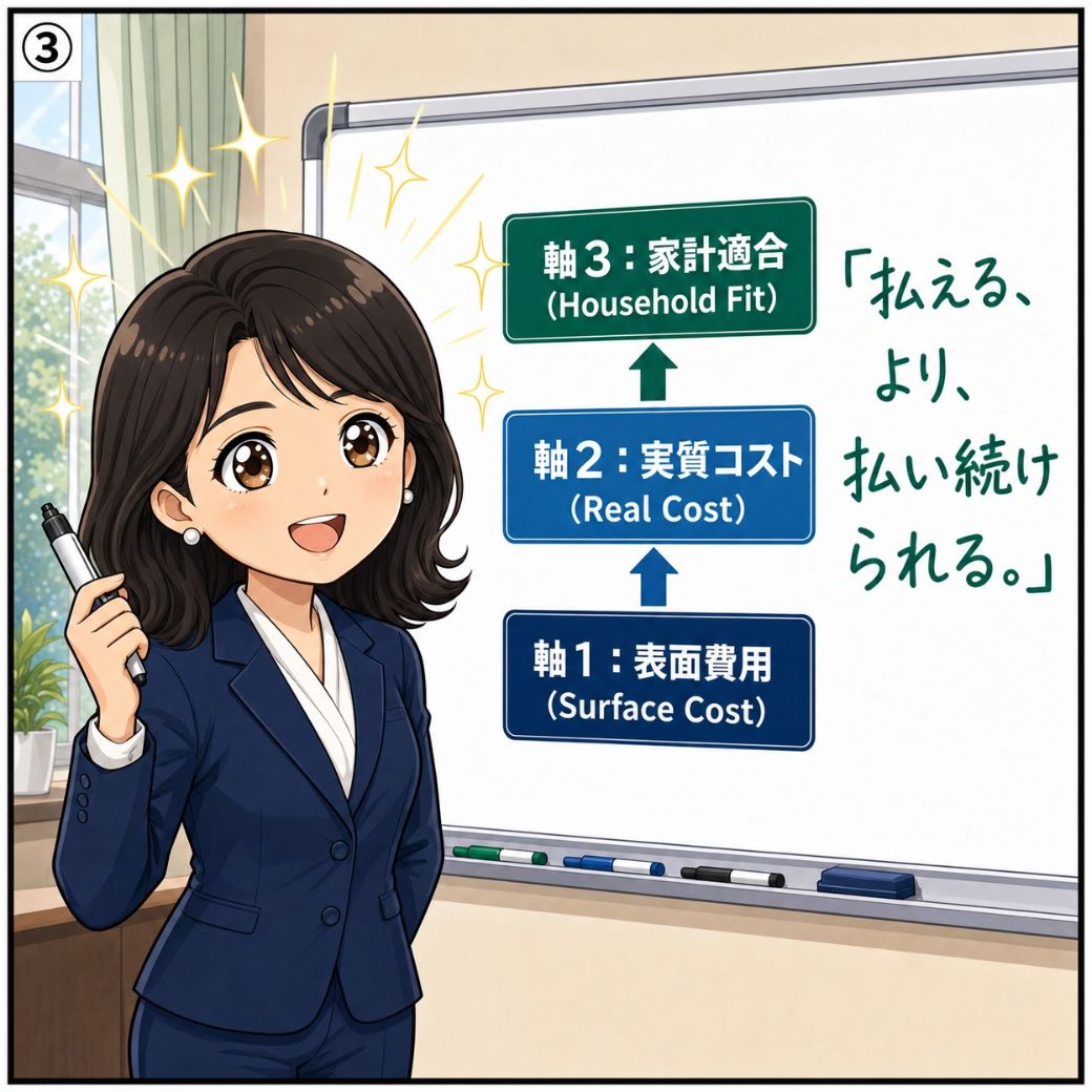 石川 恵美FPがホワイトボードに3軸フレームワーク「払える、より、払い続けられる。」をひらめく漫画イラスト