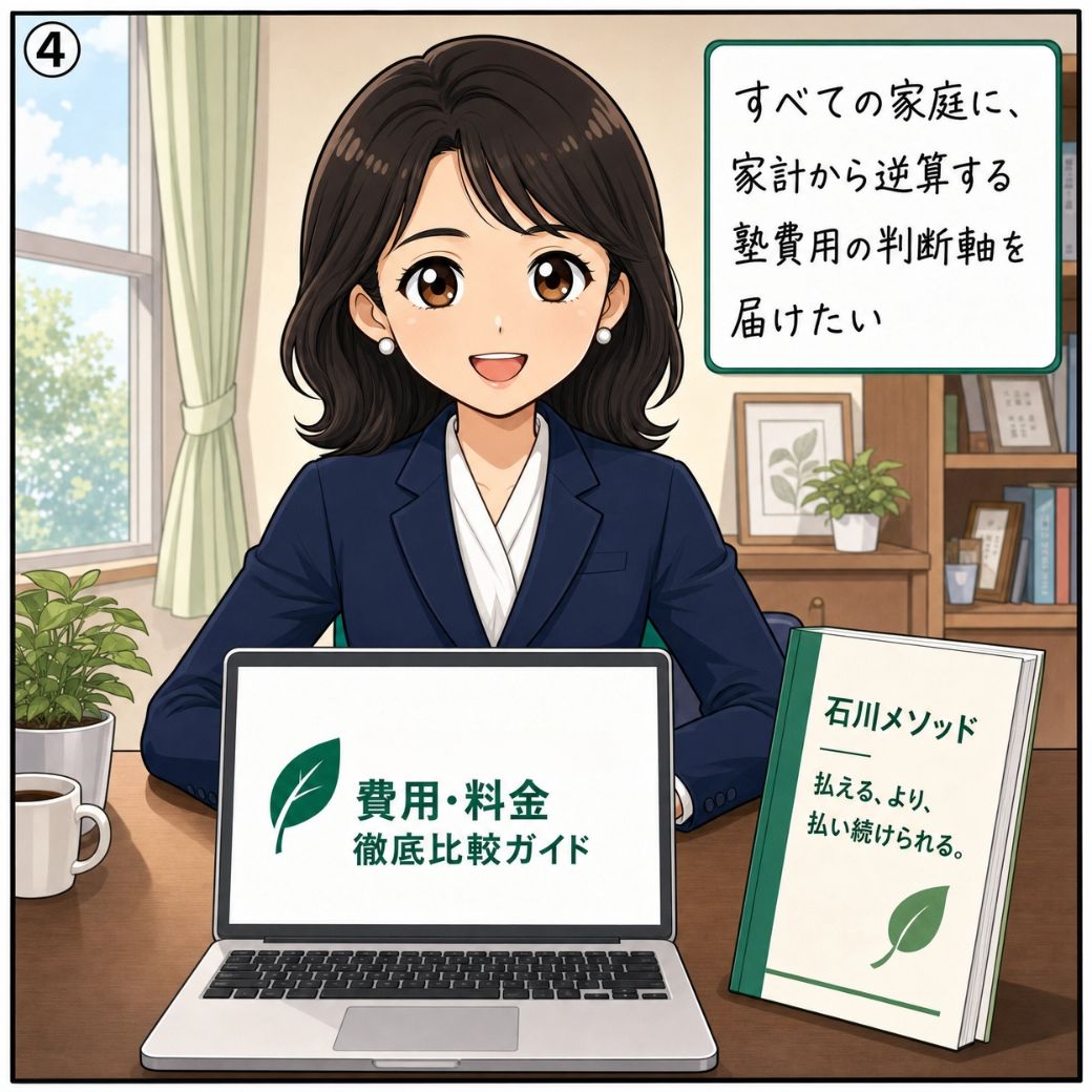 石川 恵美FPが塾の費用・料金徹底比較ガイドのサイト立ち上げと石川メソッド書籍刊行を決意する漫画イラスト