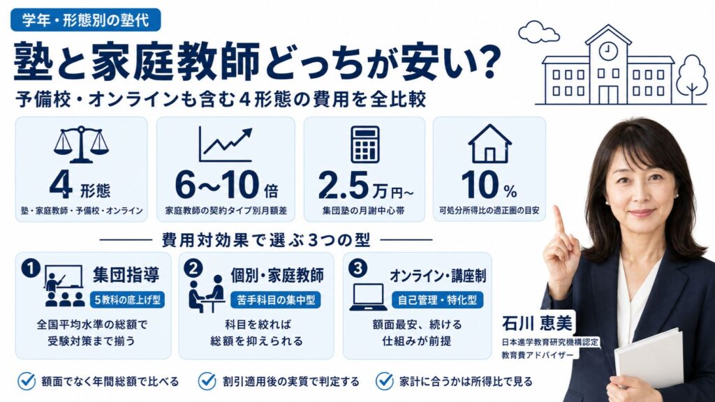 塾・家庭教師・予備校・オンライン4形態の費用を整理した比較インフォグラフィック｜月額相場と石川メソッド三軸の判定を教育費アドバイザー・石川 恵美が解説