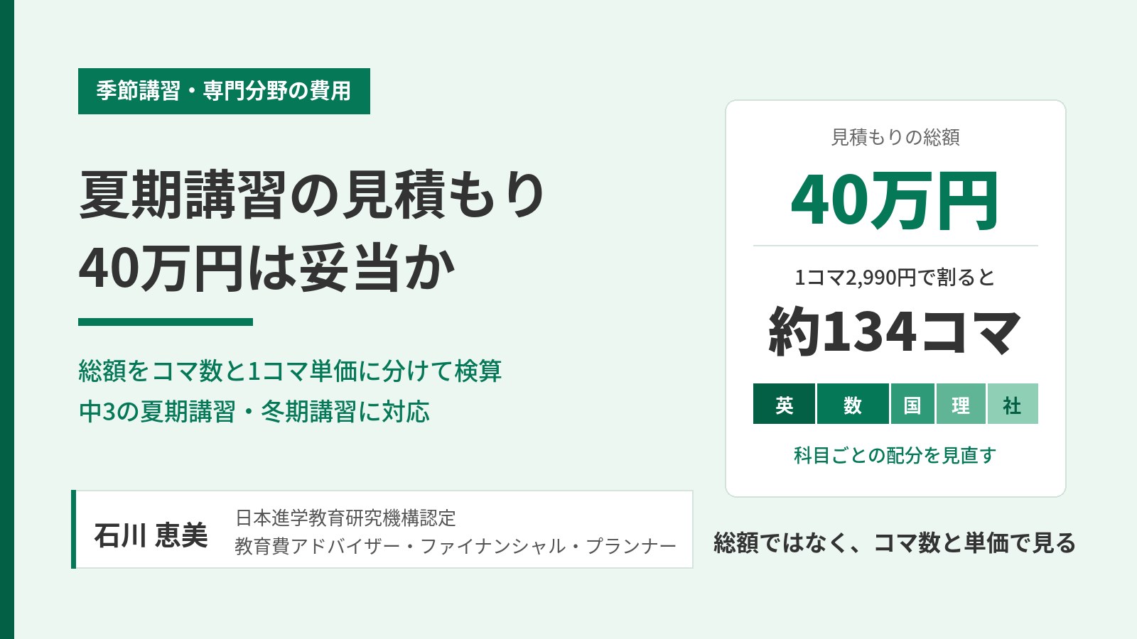 夏期講習40万円の見積もりを検算する方法の解説図。総額40万円を1コマ2,990円で割ると約134コマになる計算と、英数国理社の配分を示す帯。教育費アドバイザー・ファイナンシャル・プランナー石川 恵美が執筆