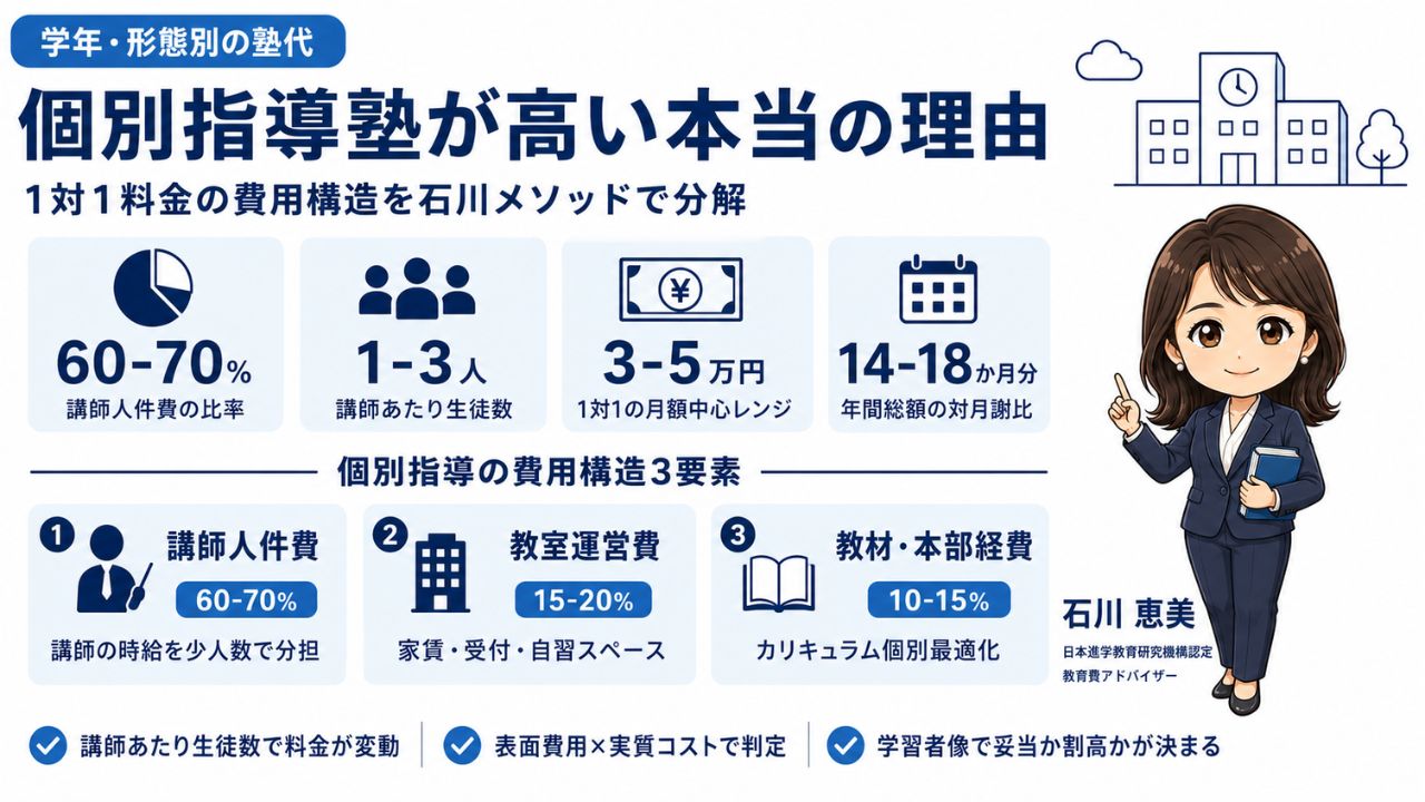 個別指導塾が高い本当の理由を1対1料金の費用構造から解剖するインフォグラフィック｜表面費用×実質コストの判断軸をFP石川 恵美が解説