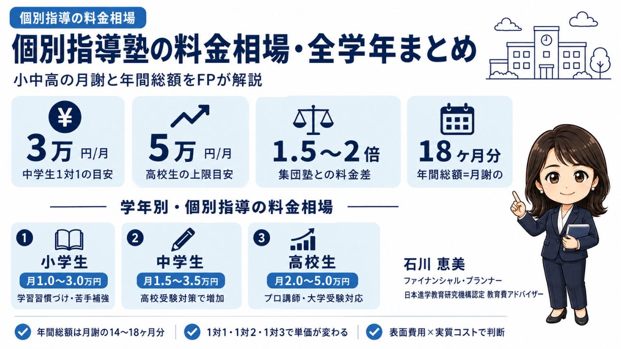 個別指導塾の料金相場を学年別に整理した解説インフォグラフィック|小中高の月謝と表面費用・実質コストの判断軸をファイナンシャル・プランナー石川 恵美が解説