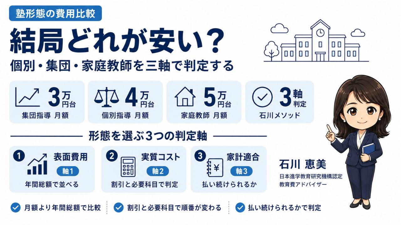 個別指導・集団指導・家庭教師の費用比較インフォグラフィック。月額相場・年間総額・三軸判定を石川メソッドで分解。著者は教育費アドバイザー石川 恵美
