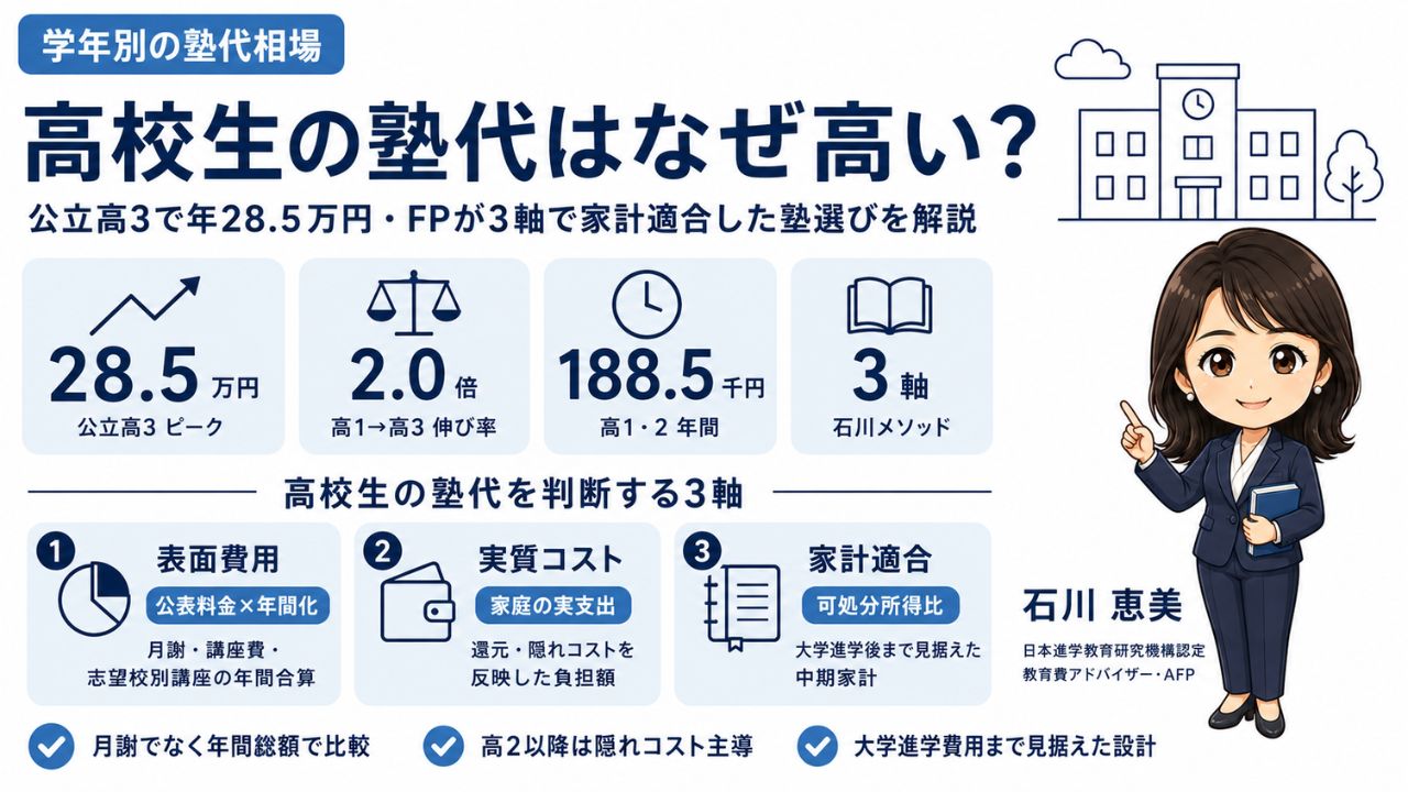 高校生の塾代はなぜ高い?月平均と個別指導の料金相場を石川メソッド3軸で判定する解説のインフォグラフィック|教育費アドバイザーの石川 恵美が解説