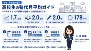 高校生の塾代月平均と内訳の比較インフォグラフィック｜公立私立・学年別の塾代と大学受験家計設計の3軸を認定 教育費アドバイザー 石川 恵美が解説