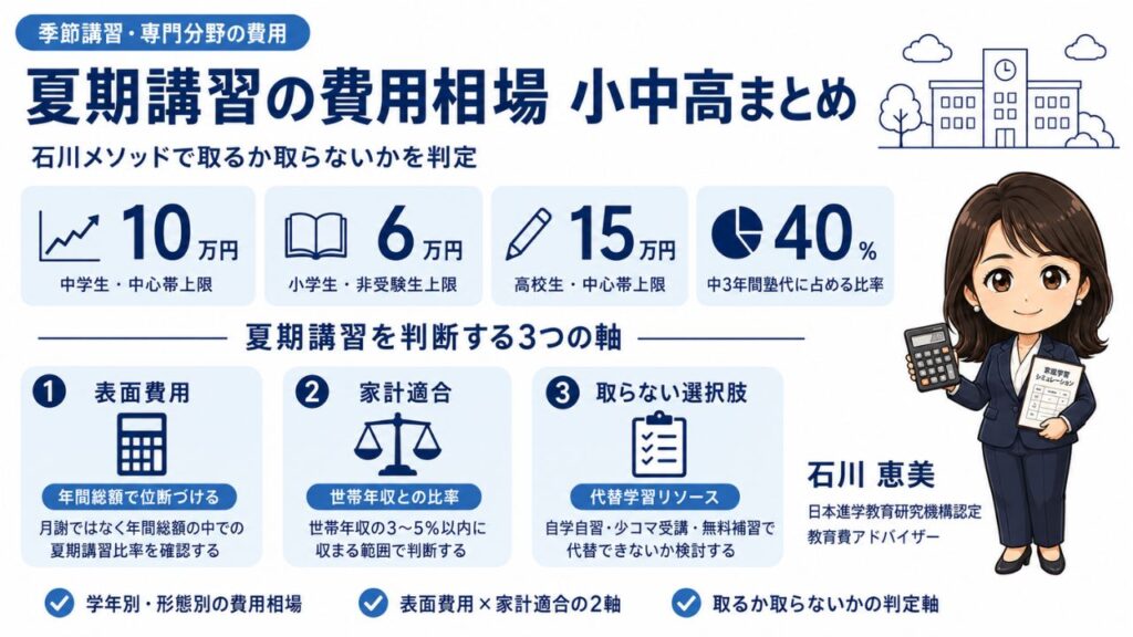 夏期講習の費用相場 小中高まとめのインフォグラフィック｜学年別・形態別の費用と表面費用×家計適合での判定を教育費アドバイザー石川 恵美が解説