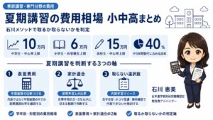 夏期講習の費用相場 小中高まとめのインフォグラフィック|学年別・形態別の費用と表面費用×家計適合での判定を教育費アドバイザーの石川 恵美が解説