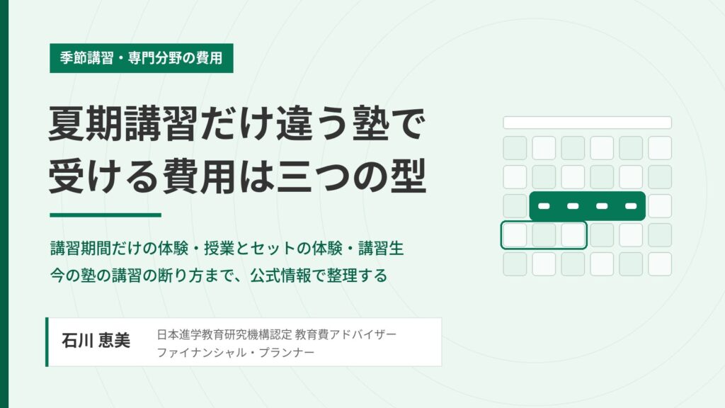 夏期講習だけ違う塾で受ける費用は三つの型と示す見出し図。講習期間だけの体験・授業とセットの体験・講習生の三類型とカレンダー図、教育費アドバイザー 石川 恵美の署名