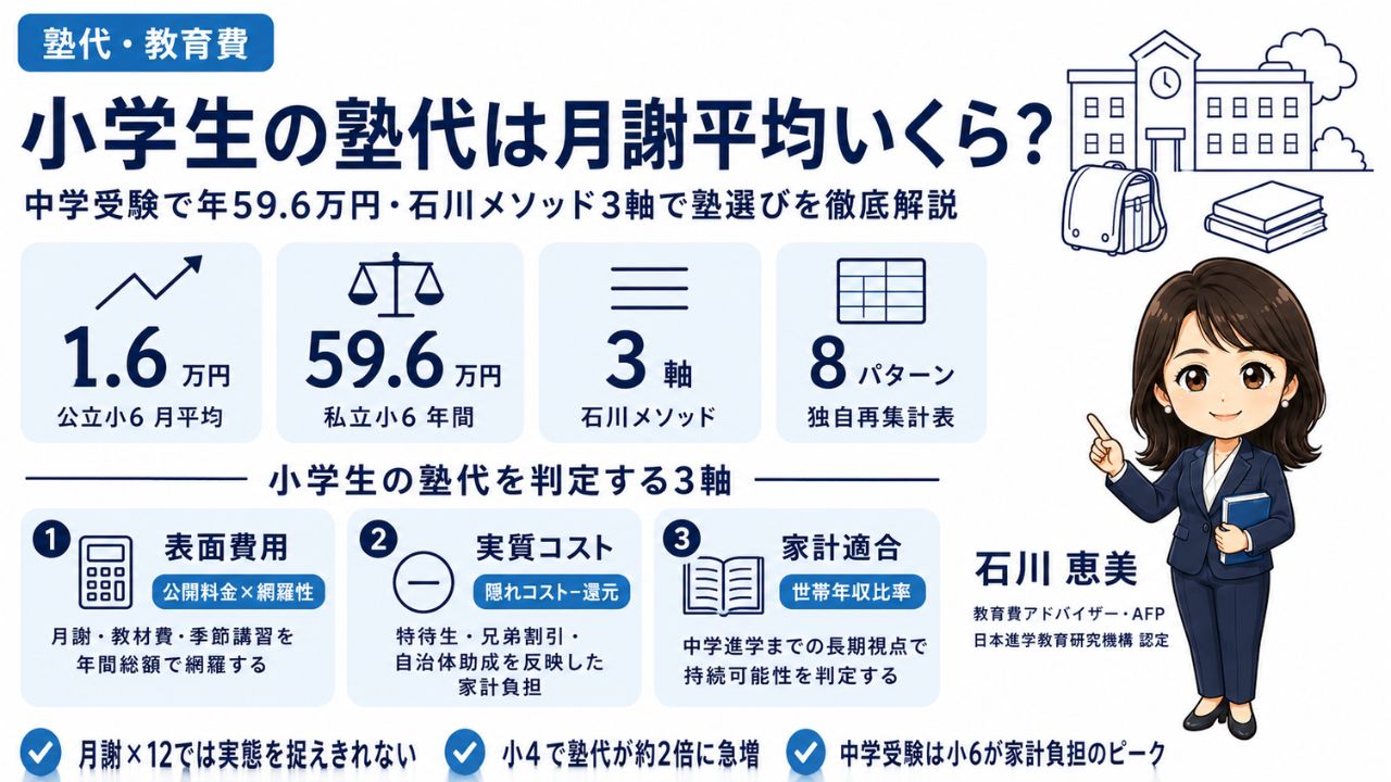 小学生の塾代月平均ガイドのインフォグラフィック｜公立小6で月1.6万円・私立年59.6万円を石川メソッド3軸で教育費アドバイザーの石川 恵美が解説