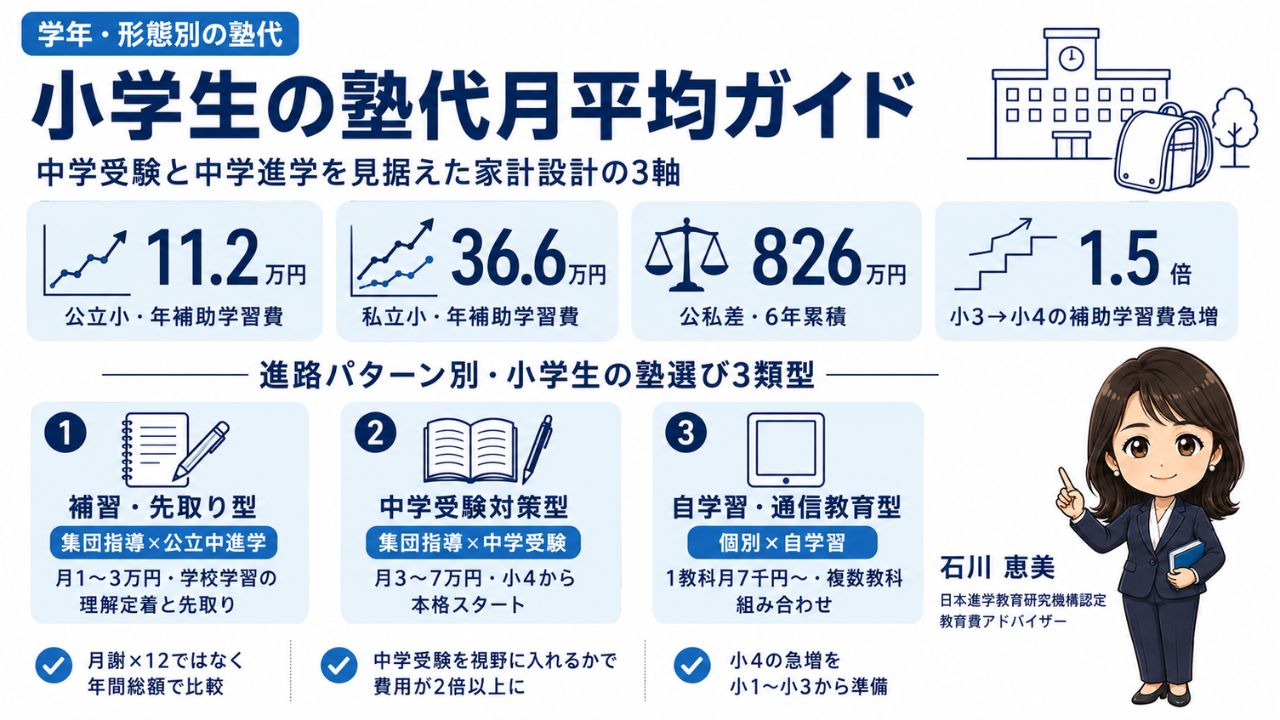 小学生の塾代月平均と内訳の比較インフォグラフィック｜進路パターン別の塾選び3類型と家計設計の3軸を認定 教育費アドバイザー 石川 恵美が解説